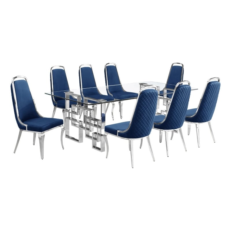 Best Quality Furniture 9-Piece Tempered Glass & Velvet Dining Set in Navy Blue