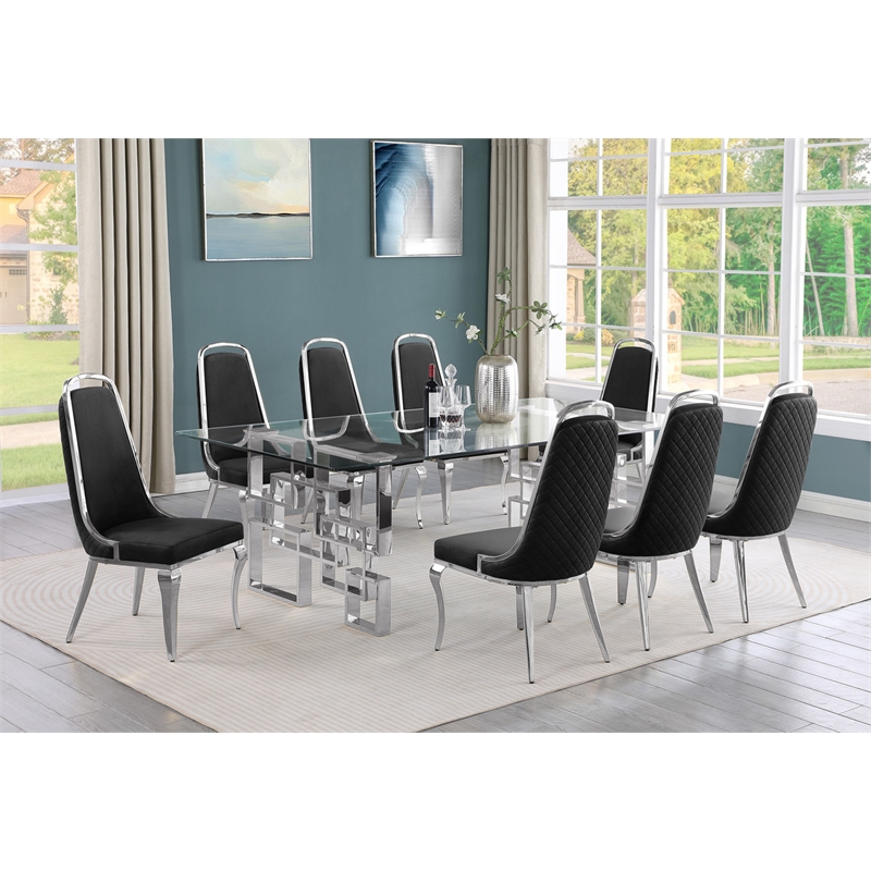Best Quality Furniture 9-Piece Tempered Glass & Velvet Dining Set in Black