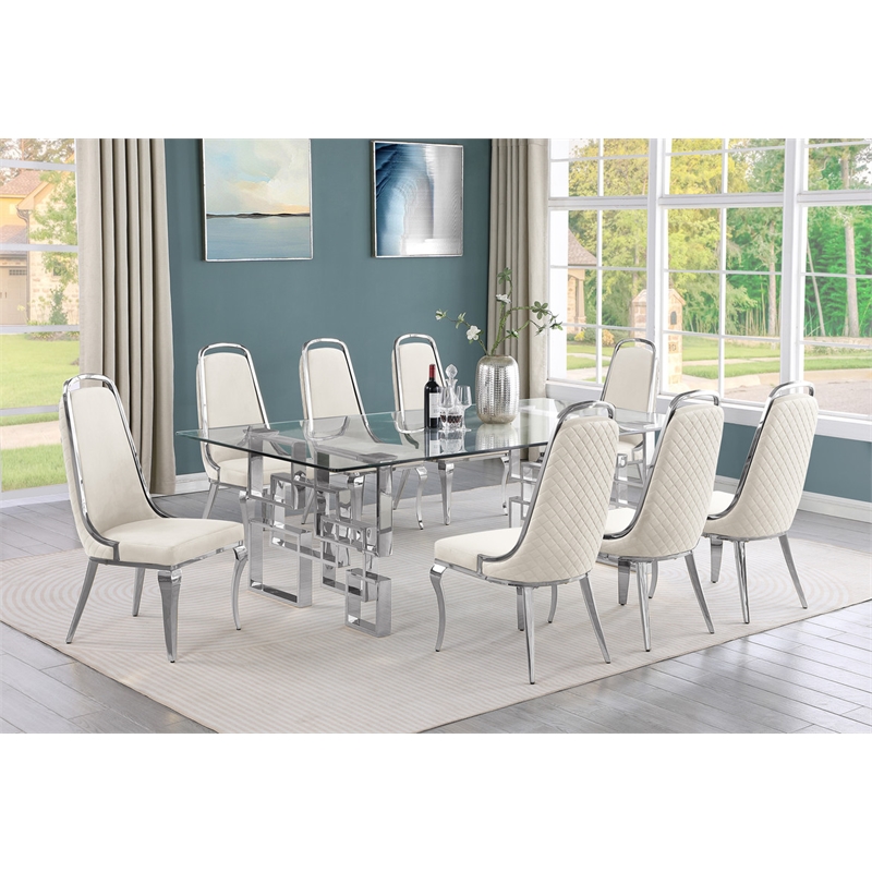 Best Quality Furniture 9-Piece Tempered Glass & Velvet Dining Set in Cream
