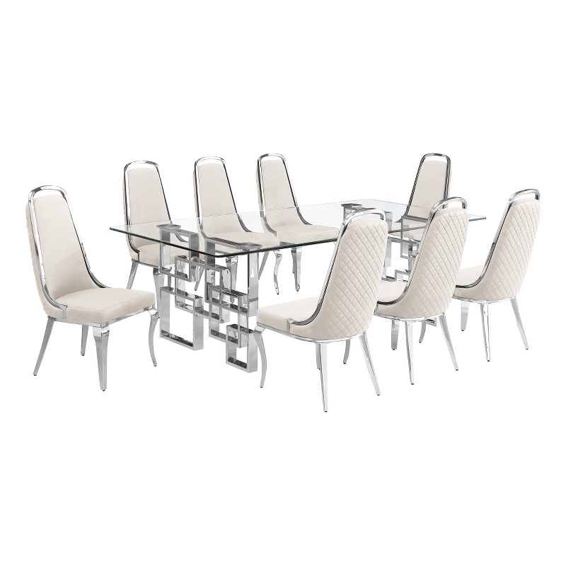 Best Quality Furniture 9-Piece Tempered Glass & Velvet Dining Set in Cream