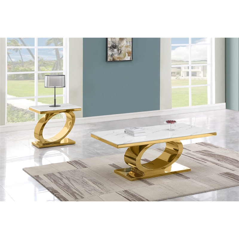 Best Quality Furniture White Marble Coffee Set with Gold Steel Ovular Base