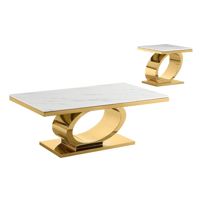 Best Quality Furniture White Marble Coffee Set with Gold Steel Ovular Base