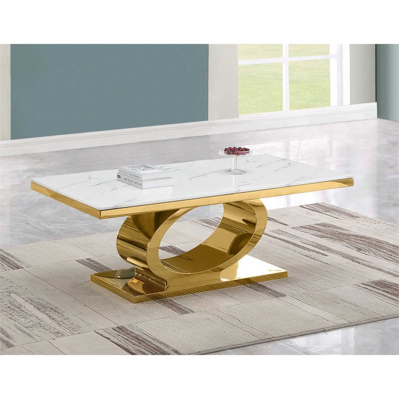 Best Quality Furniture White Marble Coffee Table with Gold Steel Oval Base