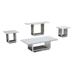 Best Quality Furniture 4pc White Marble Coffee Set with Stainless Steel Base