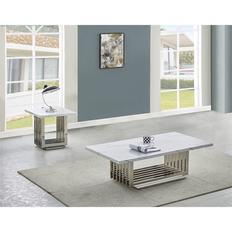 Best Quality Furniture 2pc White Marble Coffee Set with Stainless Steel Base
