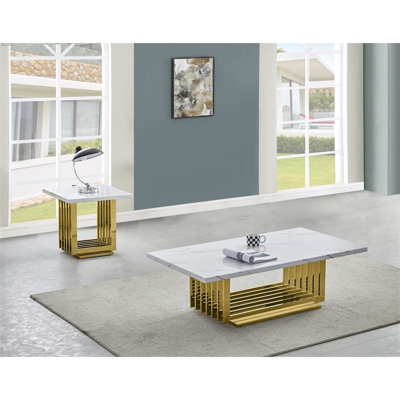 Best Quality Furniture 2pc White Marble Coffee Set with Gold Steel Base