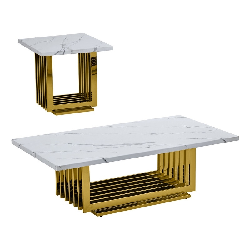 Best Quality Furniture 2pc White Marble Coffee Set with Gold Steel Base