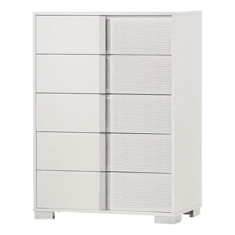 White Wood Lacquer 5 Drawer Chest with Metal Trim Accent Handle and Leg