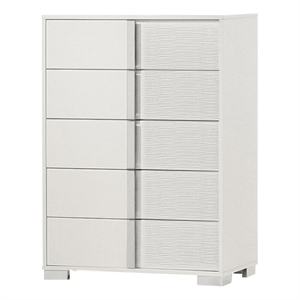 White Wood Lacquer 5 Drawer Chest with Metal Trim Accent Handle and Leg