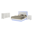 White Wood Lacquer Platform King Size Bedroom Set with Blue LED Lighting