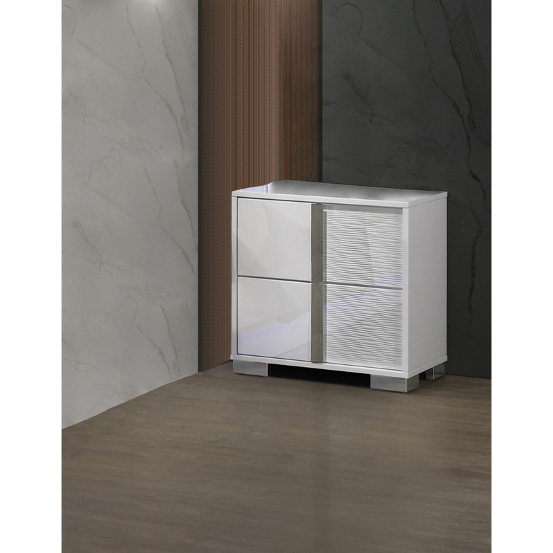 White Wood Lacquer 2 Drawer Nightstand with Metal Trim Accent Handle and Leg