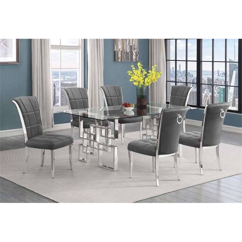 Best Quality Furniture 7pc Clear Glass Dining Set with Dark Gray Velvet Chairs