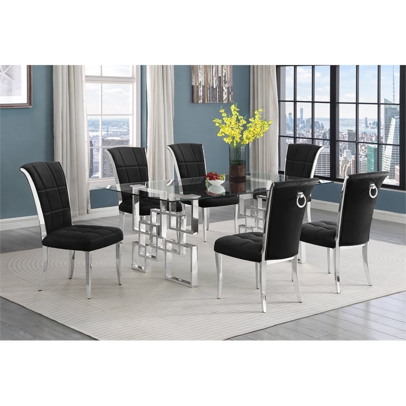 Best Quality Furniture 7pc Clear Glass Dining Set with Black Velvet Chairs