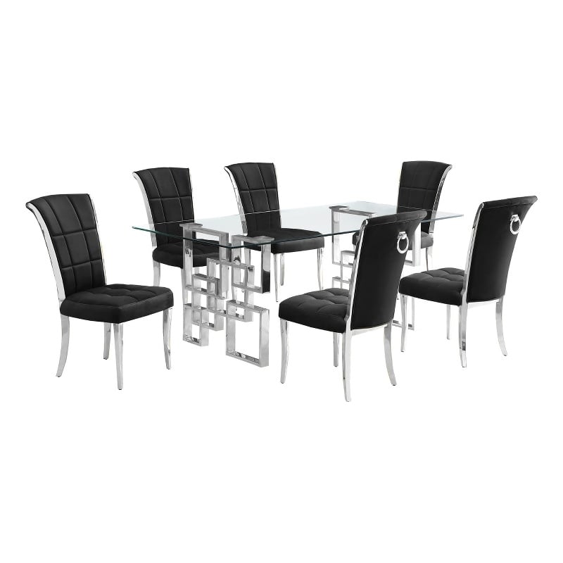 Best Quality Furniture 7pc Clear Glass Dining Set with Black Velvet Chairs