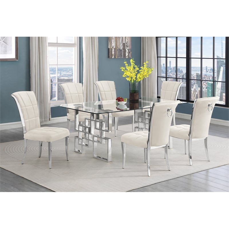 Best Quality Furniture 7pc Clear Glass Dining Set with Cream Velvet Chairs