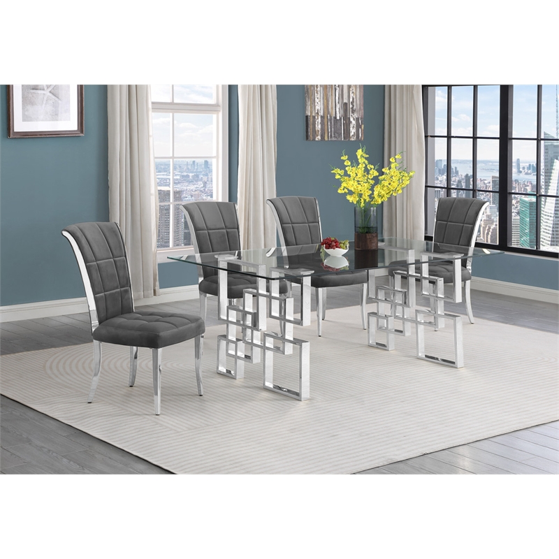 Best Quality Furniture 5pc Clear Glass Dining Set with Dark Gray Velvet Chairs