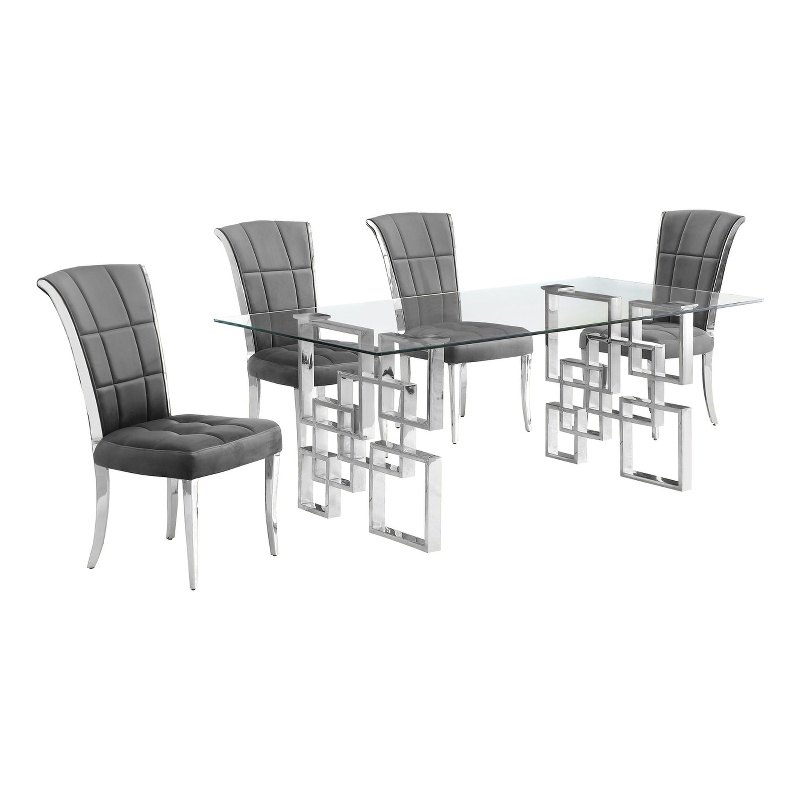 Best Quality Furniture 5pc Clear Glass Dining Set with Dark Gray Velvet Chairs