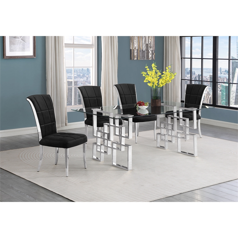 Best Quality Furniture 5pc Clear Glass Dining Set with Black Velvet Chairs
