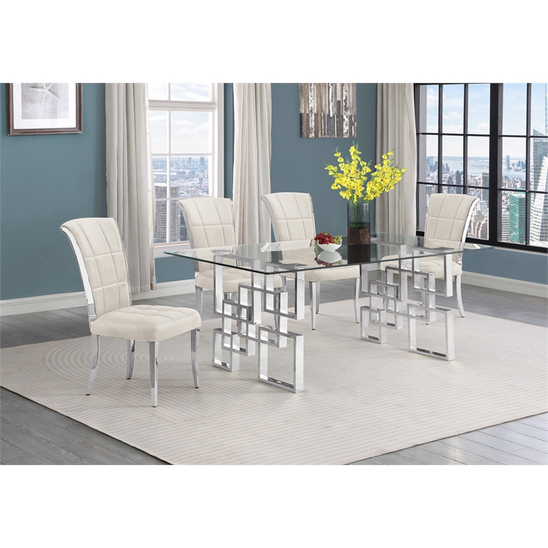 Best Quality Furniture 5pc Clear Glass Dining Set with Cream Velvet Chairs