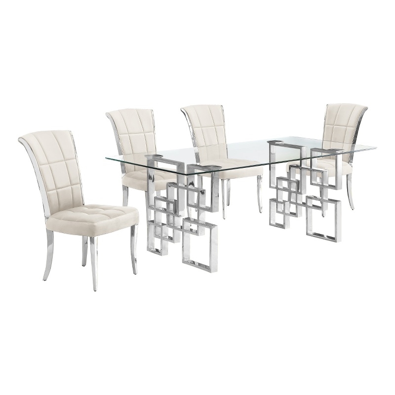 Best Quality Furniture 5pc Clear Glass Dining Set with Cream Velvet Chairs