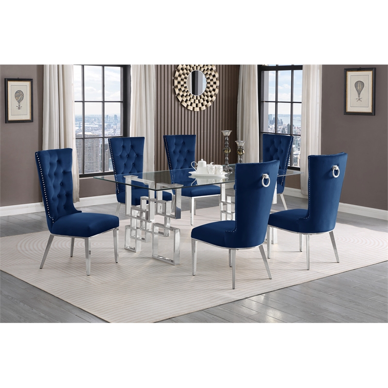 Best Quality Furniture 7pc Clear Glass Dining Set with Navy Blue Velvet Chairs