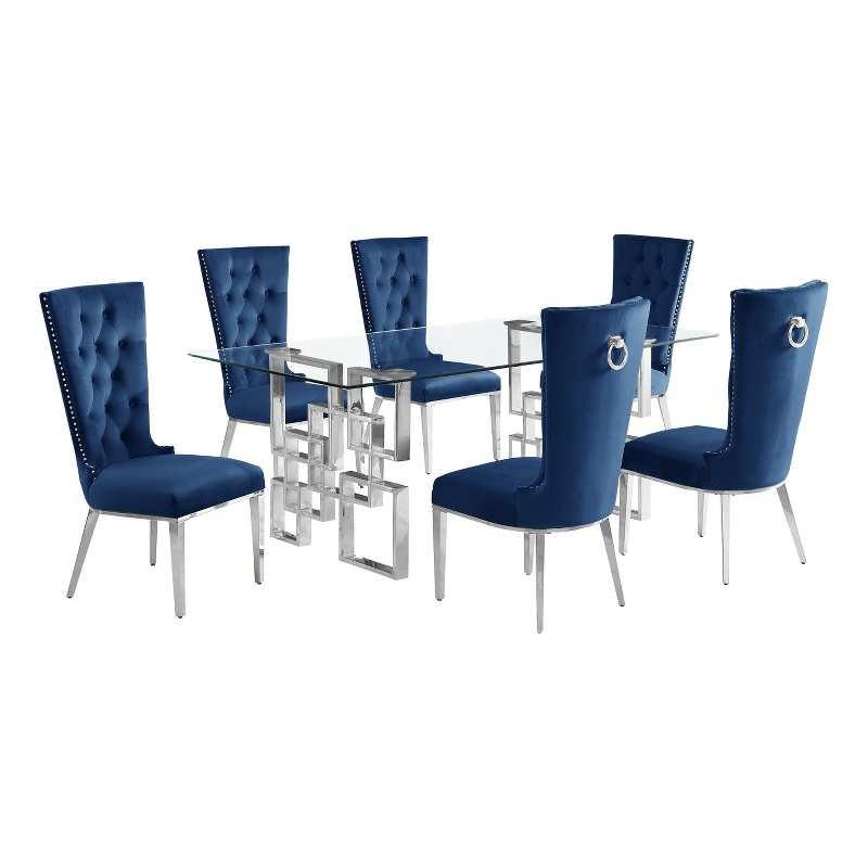 Best Quality Furniture 7pc Clear Glass Dining Set with Navy Blue Velvet Chairs