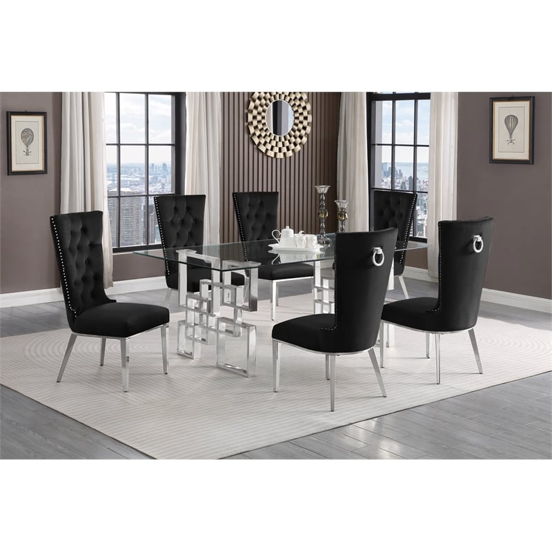 Best Quality Furniture 7pc Clear Glass Dining Set with Black Velvet Chairs