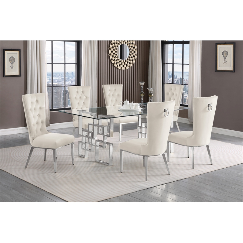 Best Quality Furniture 7pc Clear Glass Dining Set with Cream Velvet Chairs