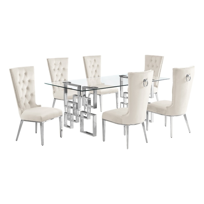 Best Quality Furniture 7pc Clear Glass Dining Set with Cream Velvet Chairs