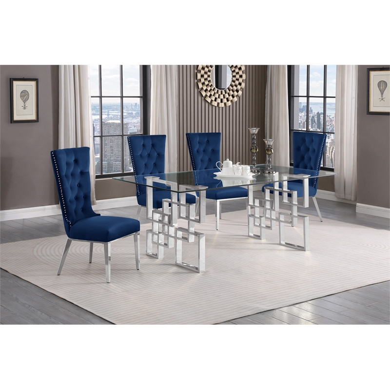 Best Quality Furniture 5pc Clear Glass Dining Set with Navy Blue Velvet Chairs