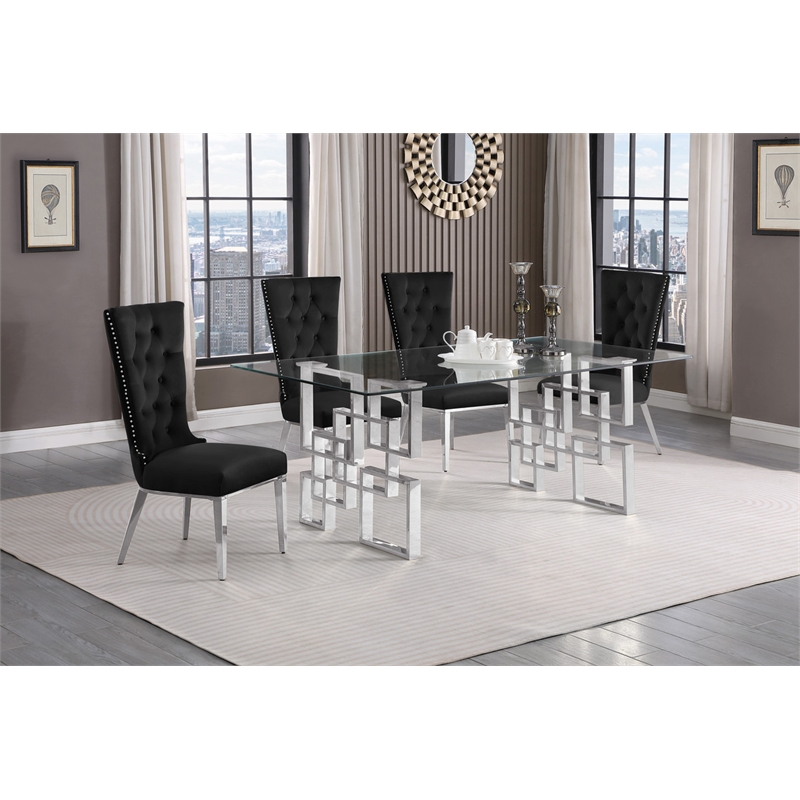 Best Quality Furniture 5pc Clear Glass Dining Set with Black Velvet Chairs