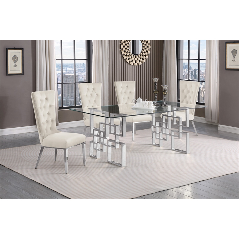 Best Quality Furniture 5pc Clear Glass Dining Set with Cream Velvet Chairs