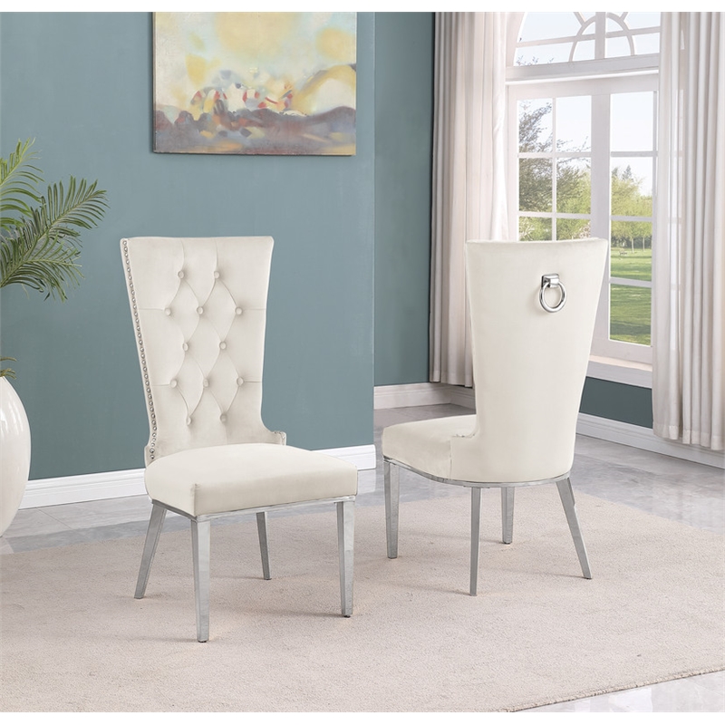 Best Quality Furniture 5pc Clear Glass Dining Set with Cream Velvet Chairs