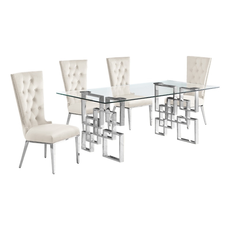 Best Quality Furniture 5pc Clear Glass Dining Set with Cream Velvet Chairs