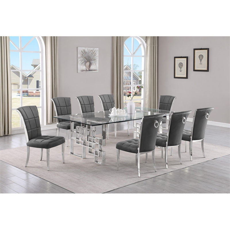 Best Quality Furniture 9pc Clear Glass Dining Set with Dark Gray Velvet Chairs