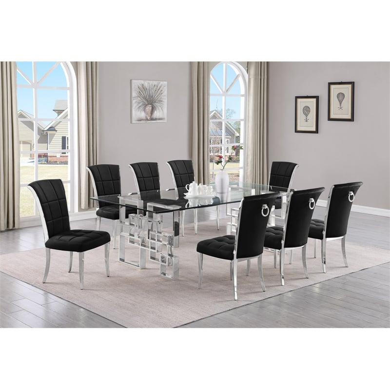 Best Quality Furniture 9pc Clear Glass Dining Set with Black Velvet Chairs