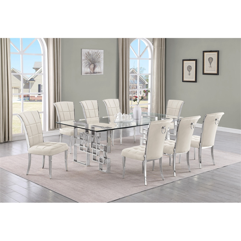 Best Quality Furniture 9pc Clear Glass Dining Set with Cream Velvet Chairs