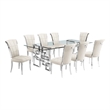 Best Quality Furniture 9pc Clear Glass Dining Set with Cream Velvet Chairs