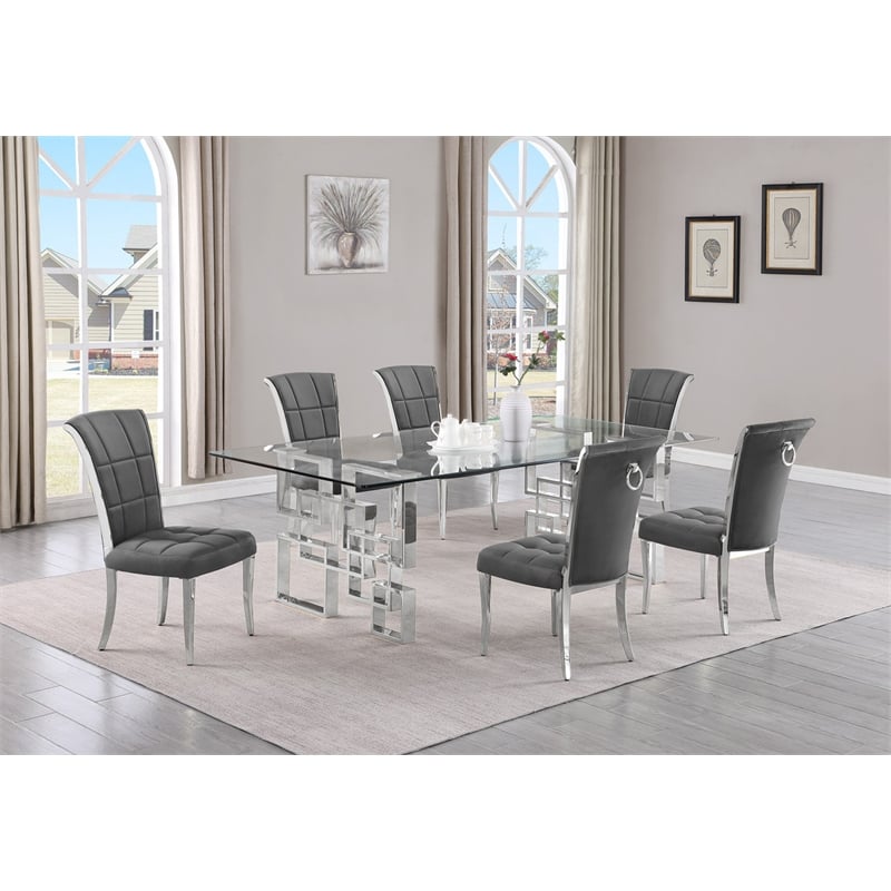 Best Quality Furniture 7pc Clear Glass Dining Set with Dark Gray Velvet Chairs