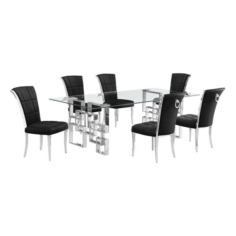 Best Quality Furniture 7pc Clear Glass Dining Set with Black Velvet Chairs