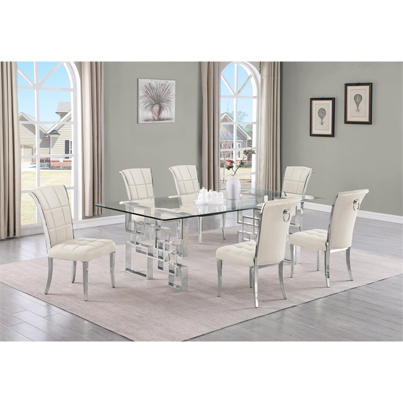 Best Quality Furniture 7pc Clear Glass Dining Set with Cream Velvet Chairs