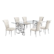 Best Quality Furniture 7pc Clear Glass Dining Set with Cream Velvet Chairs