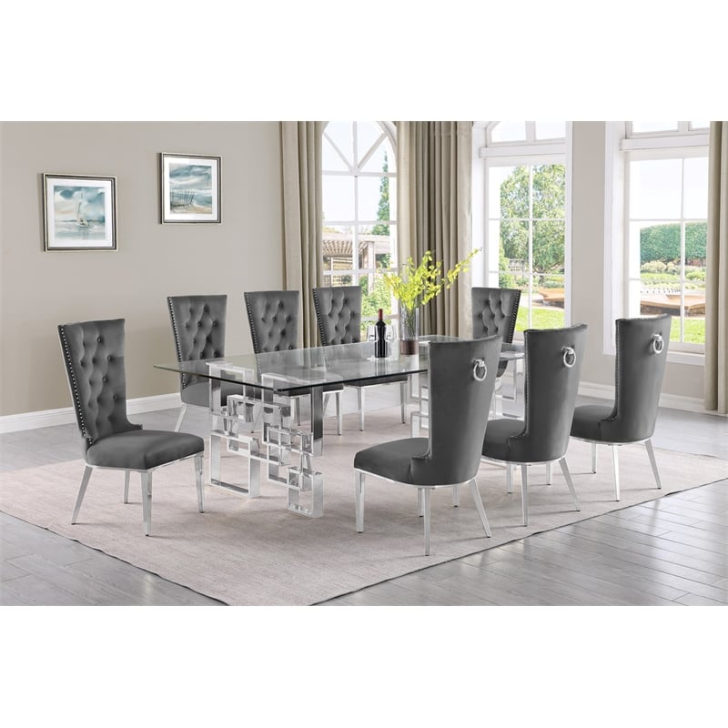 Best Quality Furniture 9pc Clear Glass Dining Set with Dark Gray Velvet Chairs