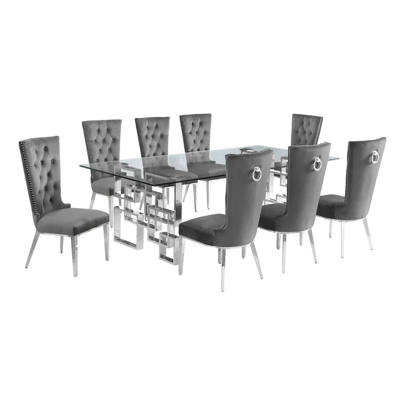 Best Quality Furniture 9pc Clear Glass Dining Set with Dark Gray Velvet Chairs