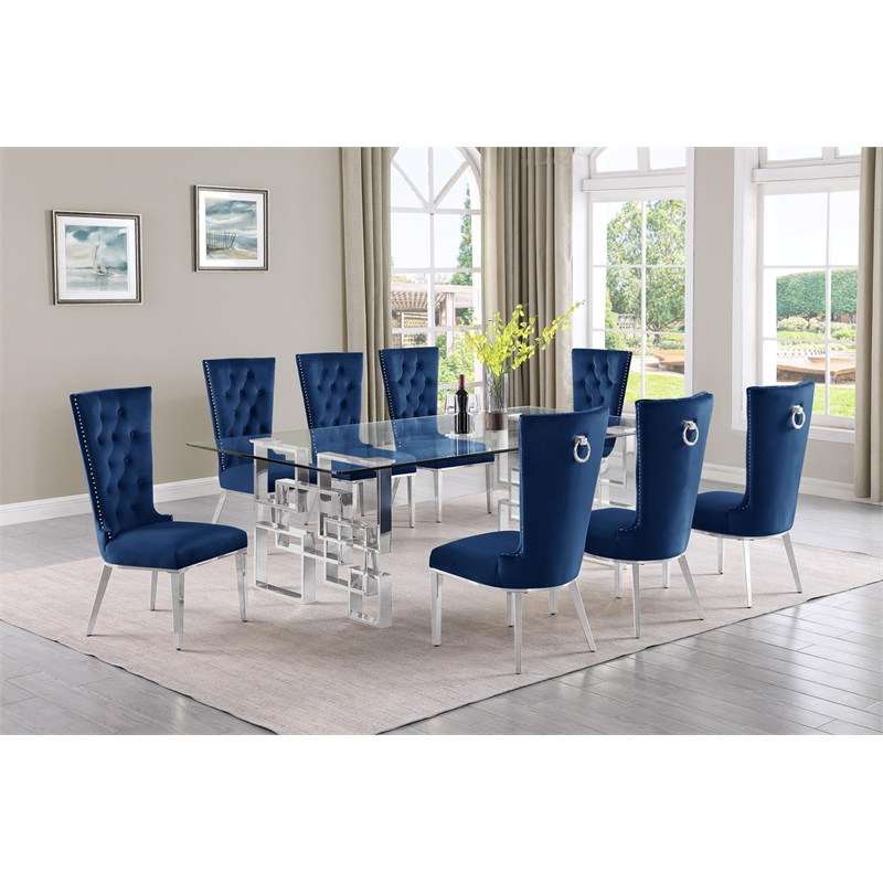 Best Quality Furniture 9pc Clear Glass Dining Set with Navy Blue Velvet Chairs
