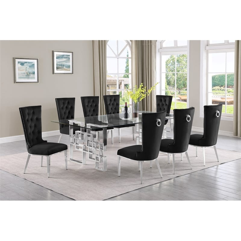 Best Quality Furniture 9pc Clear Glass Dining Set with Black Velvet Chairs