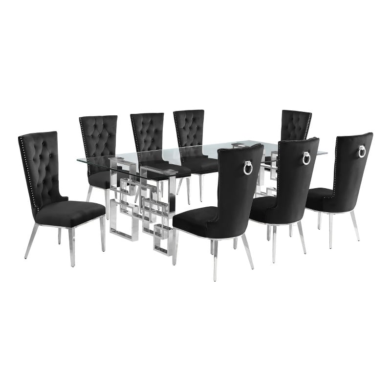 Best Quality Furniture 9pc Clear Glass Dining Set with Black Velvet Chairs