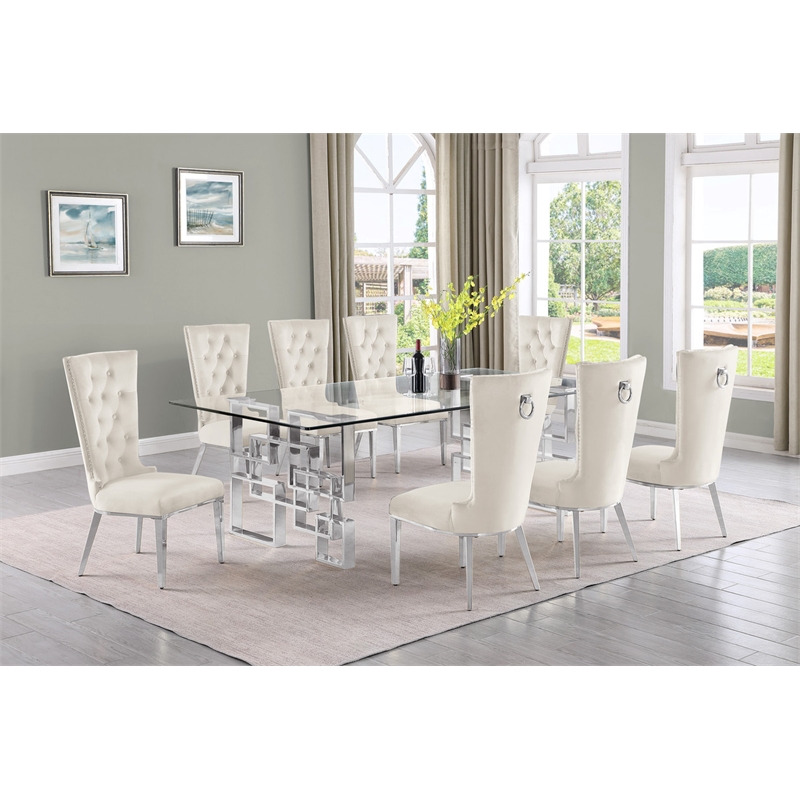 Best Quality Furniture 9pc Clear Glass Dining Set with Cream Velvet Chairs