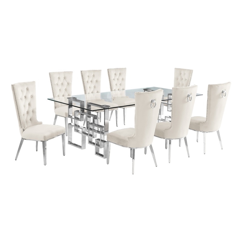 Best Quality Furniture 9pc Clear Glass Dining Set with Cream Velvet Chairs
