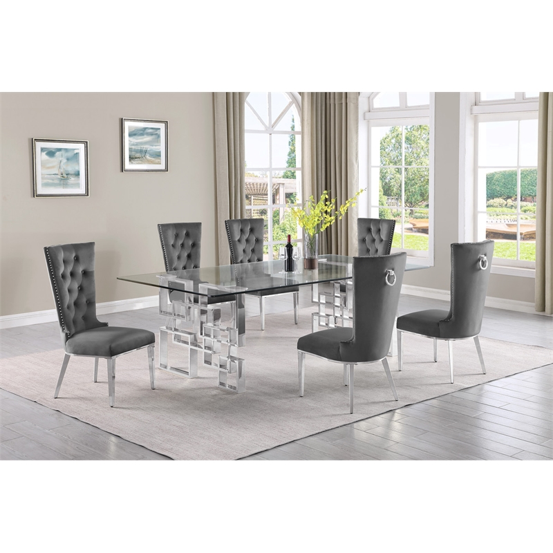 Best Quality Furniture 7pc Clear Glass Dining Set with Dark Gray Velvet Chairs